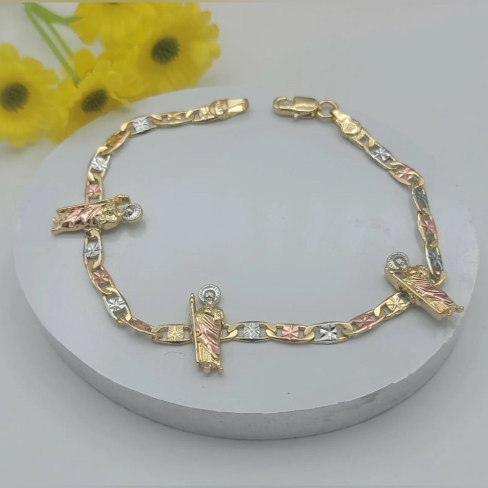 Tri Tone Gold Plated Saint Jude Chain Bracelet. San Judas Oro laminado